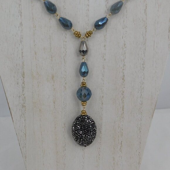 Rush by Denis and Charles Necklace Blue Faceted Teardrop Beads Sparkly Gold Tone - Picture 1 of 7